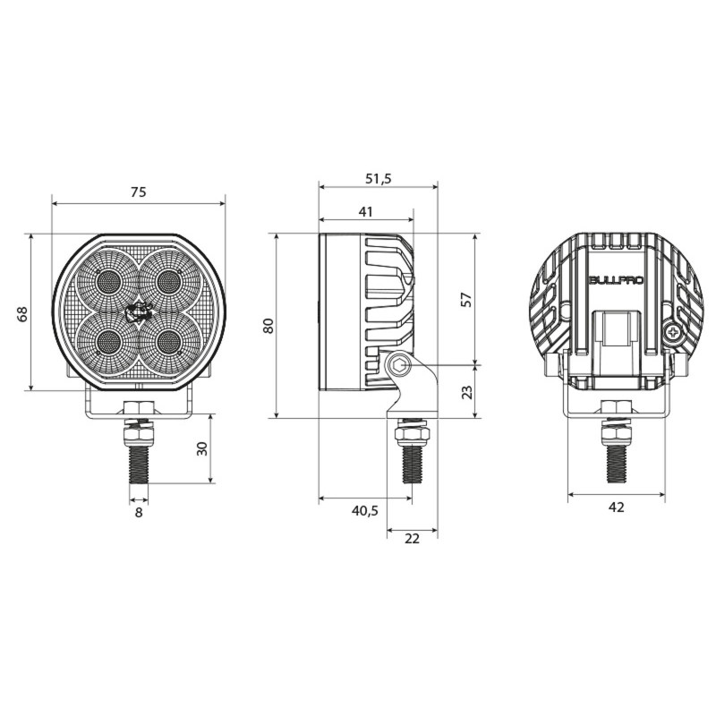 BULLPRO SPECTRUM LED arbejdslampe 24W Rund. . 9-32vdc. 1.37A/13.7v. 5000K. IP68. DT stik indbygget.