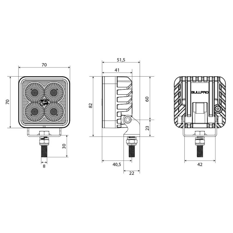 BULLPRO SPECTRUM LED arbejdslampe 24W Firkantet. 9-32vdc. 1.73A/13.7v. 5000K. IP68. DT stik indbygge
