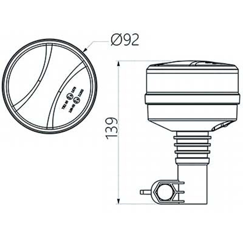 LED Advarselsblink. Beacon m/klar glas. Stangmontering. 27w. 12/24v. 10 blinkmønster. ECE R65. R10. IP67. 391g. 92x139mm