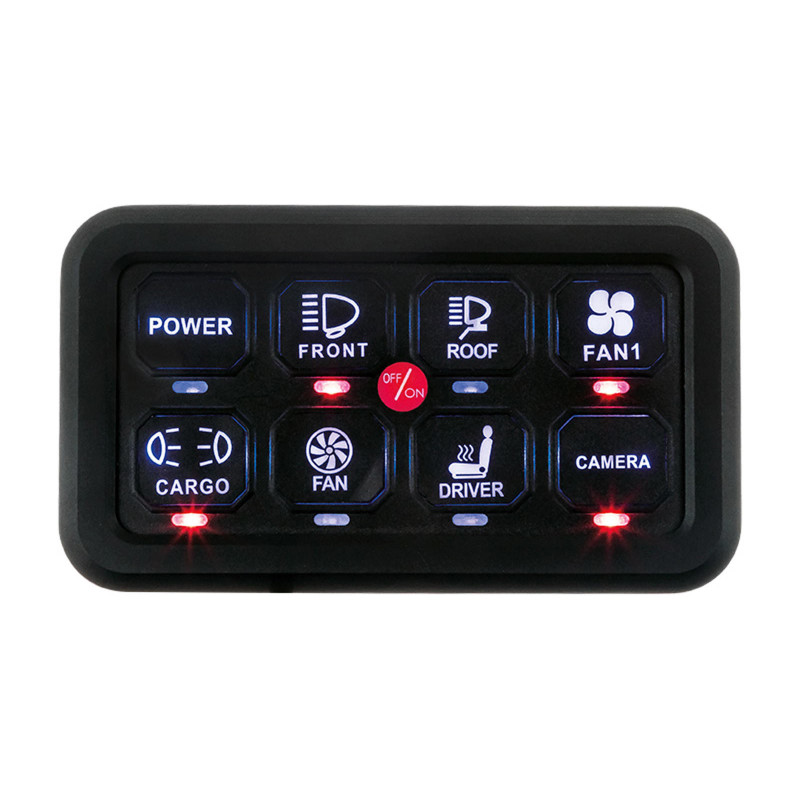 Switch Panel. 12-24V. 8 udgange. 2x5A. 2x10A. 2x20A. 2x20A. IP67.  inkl 100 stk symboler til trykpan