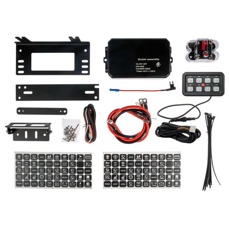 Switch Panel. 12-24V. 8 udgange. 2x5A. 2x10A. 2x20A. 2x20A. IP67.  inkl 100 stk symboler til trykpan