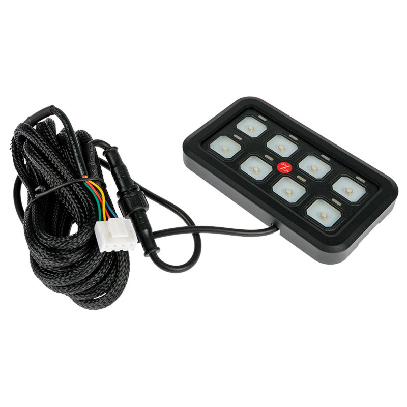 Switch Panel. 12-24V. 8 udgange. 2x5A. 2x10A. 2x20A. 2x20A. IP67.  inkl 100 stk symboler til trykpan