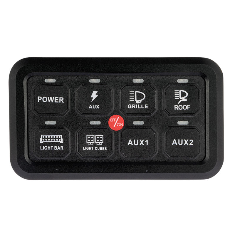 Switch Panel. 12-24V. 8 udgange. 2x5A. 2x10A. 2x20A. 2x20A. IP67.  inkl 100 stk symboler til trykpan