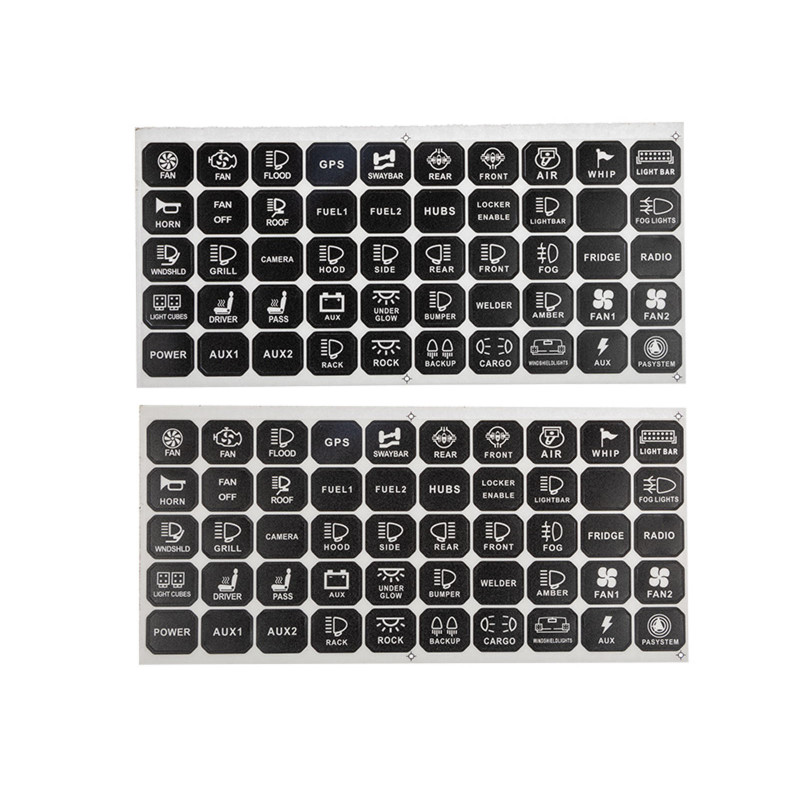 Switch Panel. 12-24V. 8 udgange. 2x5A. 2x10A. 2x20A. 2x20A. IP67.  inkl 100 stk symboler til trykpan