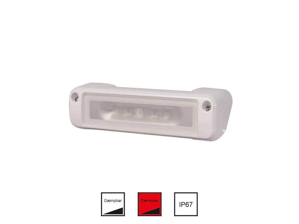Vandtæt lampe. Perimeter med indbygget dimmer. Hvidt/rødt lys. 10-30V.