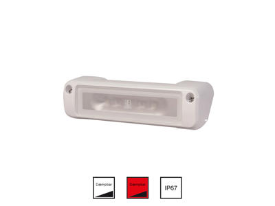 Vandtæt lampe. Perimeter med indbygget dimmer. Hvidt/rødt lys. 10-30V.